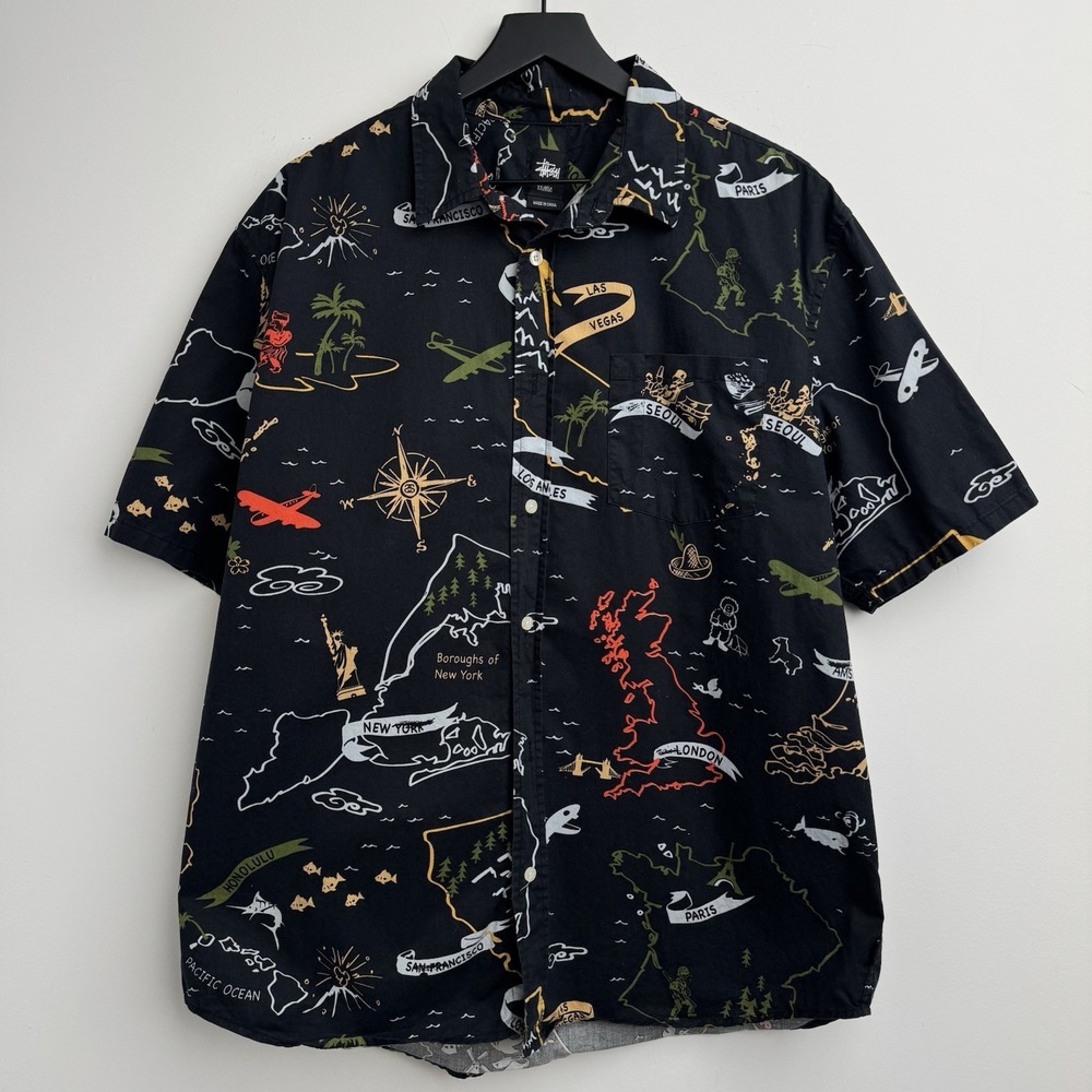 Stussy Shirt Mens XXL Black Maps Country & Cities Printed Streetwear Button Up